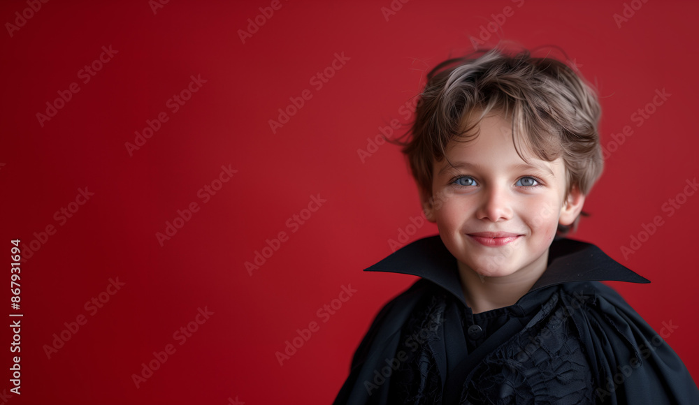 Caucasian Boy Smiling Dressed as a Vampire, Halloween Costume, Solid Red Background with Copy Space. Caucasian Boy Smiling Dressed as a Vampire, Halloween Costume, Solid Red Background with Copy Space.