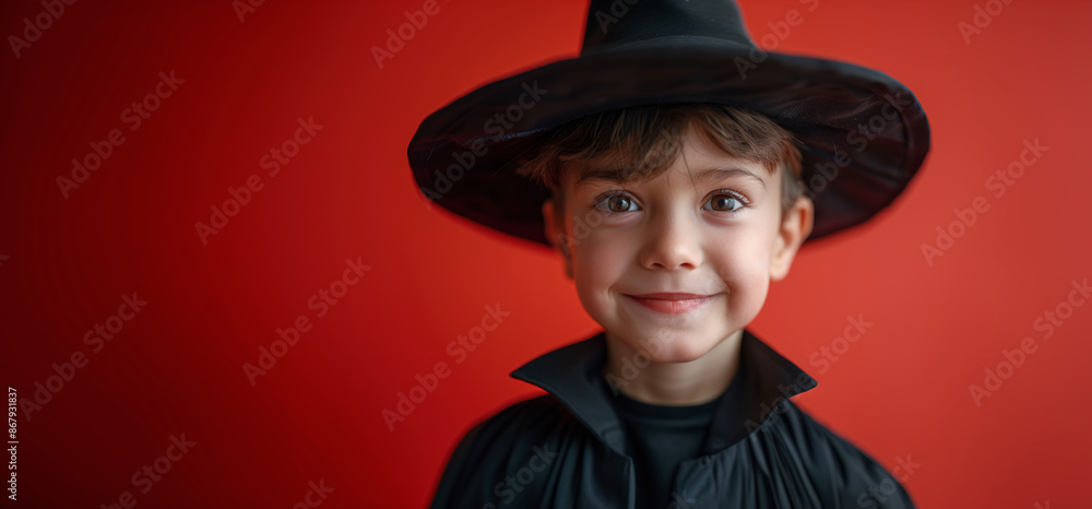 Smiling Child Dressed as a Wizard, Halloween Costume, Solid Red Background with Copy Space Smiling Child Dressed as a Wizard, Halloween Costume, Solid Red Background with Copy Space
