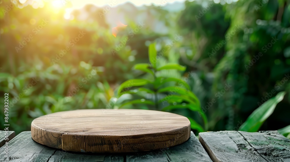 Polished round wooden podium on dark wooden table against lush tropical jungle backdrop for eco-friendly product display Polished round wooden podium on dark wooden table against lush tropical jungle backdrop for eco-friendly product display