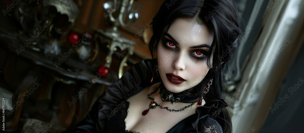 Fototapeta premium Beautiful woman dressed as a vampire, elegant dress and jewelry, mansion with vintage furniture and chandeliers, Halloween concept, copy space.