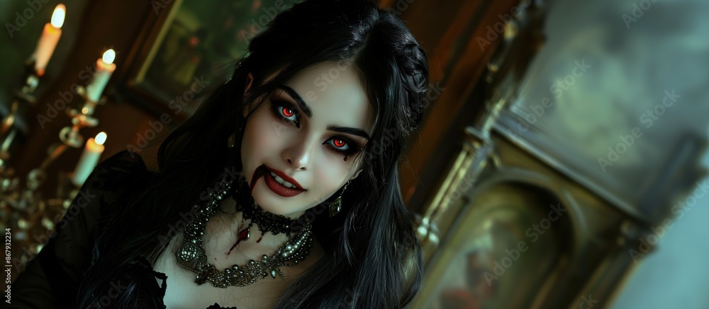 Fototapeta premium Smiling vampire woman, blood drop from lips, elegant dress and jewelry, vintage mansion with furniture and chandeliers, Halloween concept, copy space.
