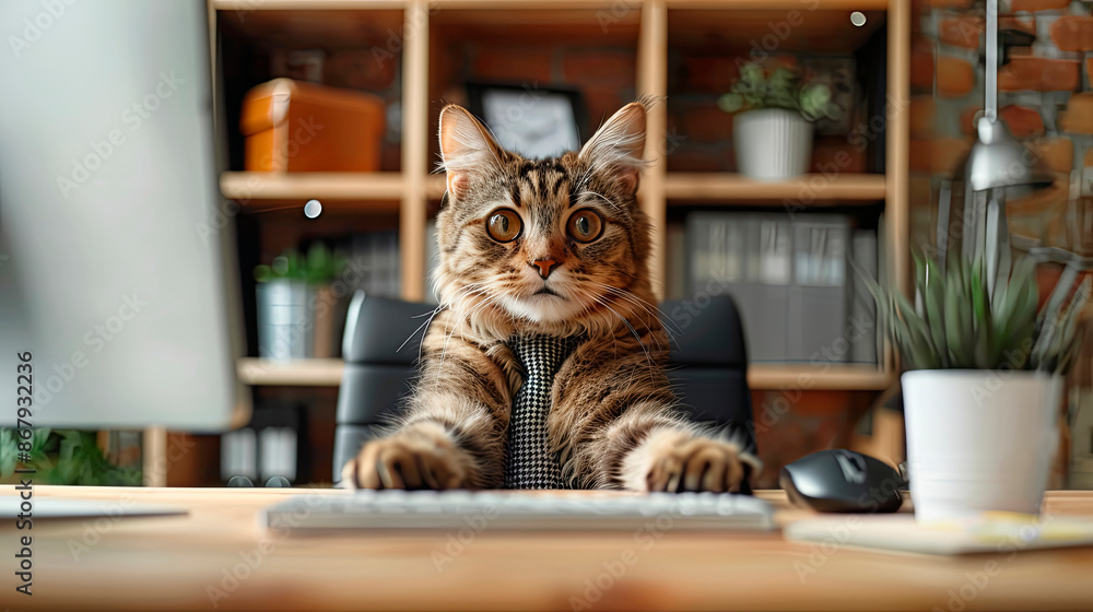 Cat wearing a tie sitting at a desk with a computer, looking serious. Concept: work-from-home, business, humor. Business use: tech marketing, office supplies, remote work promotions. Cat wearing a tie sitting at a desk with a computer, looking serious. Concept: work-from-home, business, humor. Business use: tech marketing, office supplies, remote work promotions.