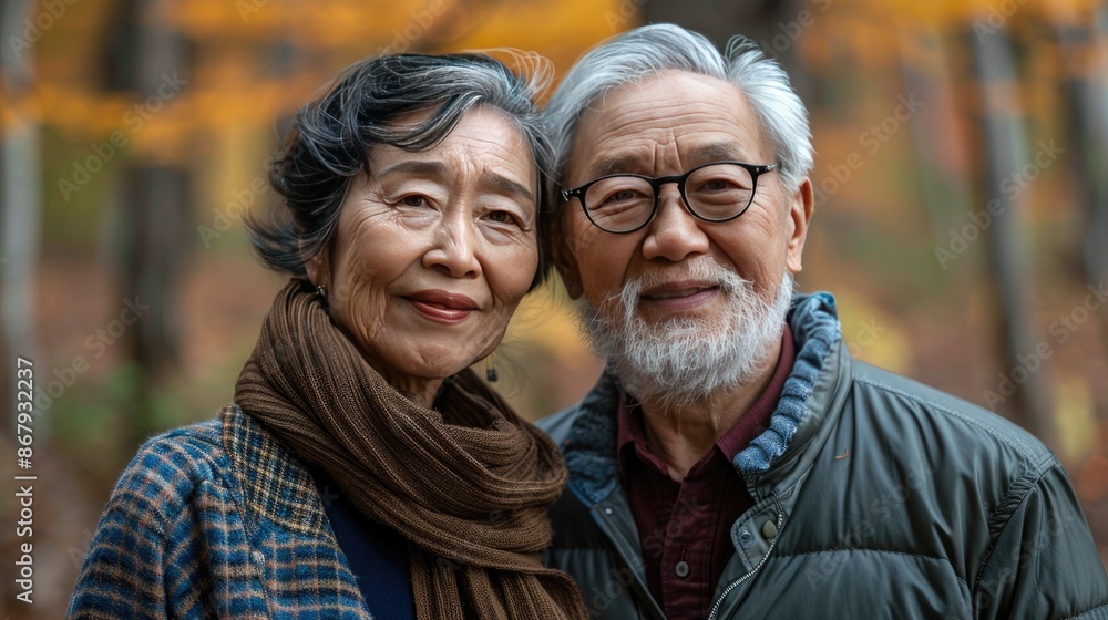 Fototapeta premium A couple of older people are smiling for the camera. The man is wearing glasses and the woman is wearing a scarf