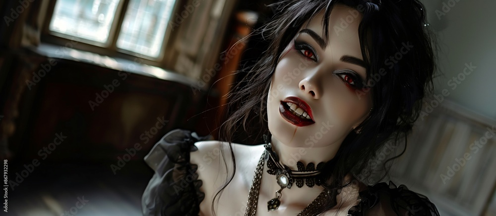Fototapeta premium Beautiful woman dressed as a vampire with a drop of blood falling from her lips, elegant dress and jewelry, vintage mansion setting, Halloween concept, copy space.