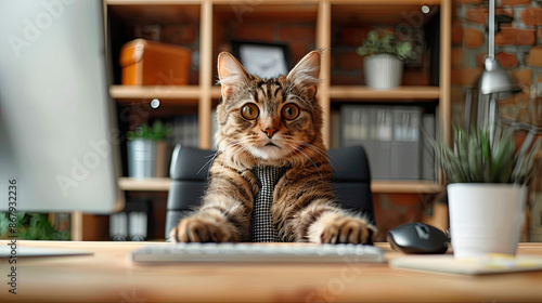 Wallpaper Mural Cat wearing a tie sitting at a desk with a computer, looking serious. Concept: work-from-home, business, humor. Business use: tech marketing, office supplies, remote work promotions. Torontodigital.ca