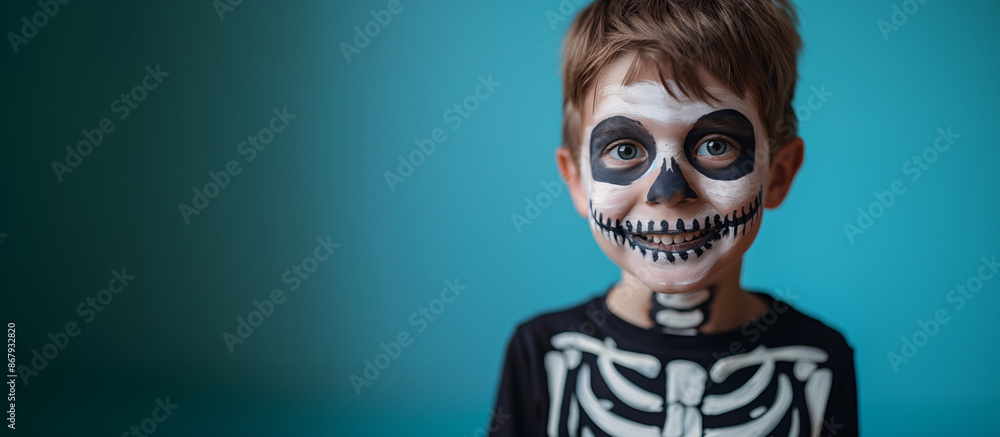 Smiling Child with Face Painted as Skull and Skeleton Costume, Halloween Costume, Solid Light Blue Background with Copy Space. Smiling Child with Face Painted as Skull and Skeleton Costume, Halloween Costume, Solid Light Blue Background with Copy Space.
