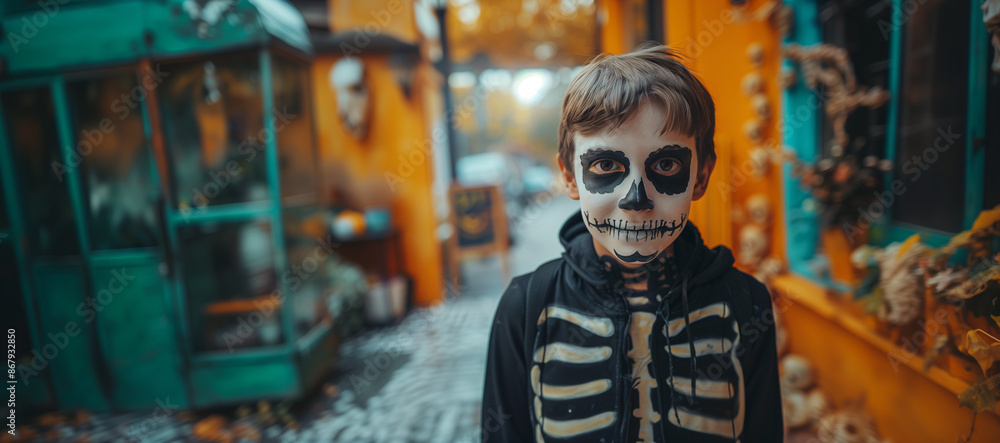 Smiling Child with Face Painted as Skull and Skeleton Costume, in Urban Setting, Halloween Concept, Copy Space. Smiling Child with Face Painted as Skull and Skeleton Costume, in Urban Setting, Halloween Concept, Copy Space.