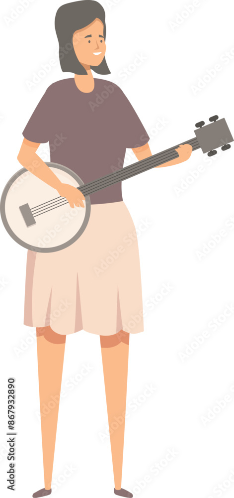 Young woman standing and playing banjo, folk, country or bluegrass music performance Young woman standing and playing banjo, folk, country or bluegrass music performance