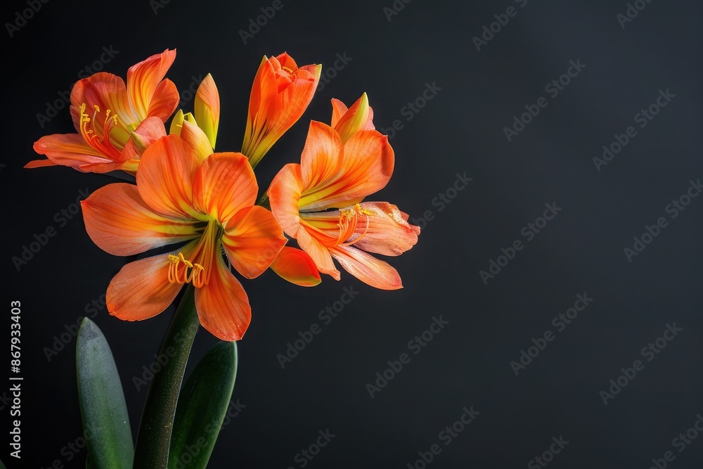 Obraz premium A single clivia, its bright orange flowers bold and eye-catching against the dark charcoal background. The image captures the robust and shade-loving nature of clivia.