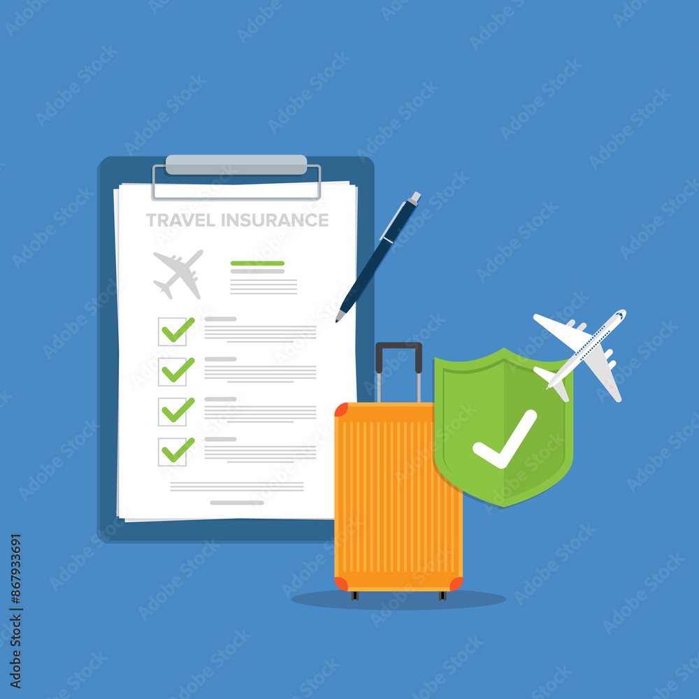 Traveling luggage suitcase and airplane trip protect by green shield. Travel insurance. Plane flight safety symbol. Aircraft journey risk protection. Traveling luggage suitcase and airplane trip protect by green shield. Travel insurance. Plane flight safety symbol. Aircraft journey risk protection.