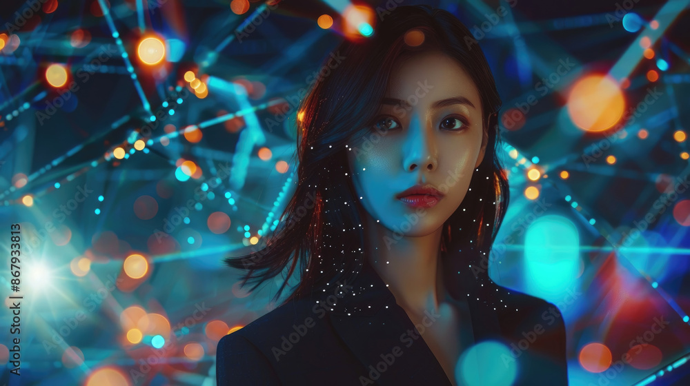 A young woman with dark hair poses in front of a background of bright lights, featuring a mix of blue, green, and orange hues A young woman with dark hair poses in front of a background of bright lights, featuring a mix of blue, green, and orange hues