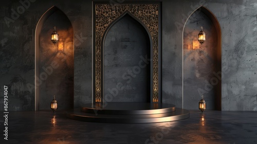 Elegant podium stage with Arabic lanterns and arch, ideal for cultural events or islamic prsentation photo