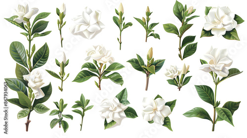 set of gardenia plants, with white blooms, isolated on white background © Ziyan