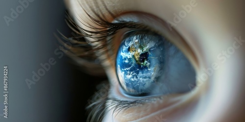 Fototapeta Naklejka Na Ścianę i Meble -  close-up of a beautiful female eye in which the planet earth is reflected