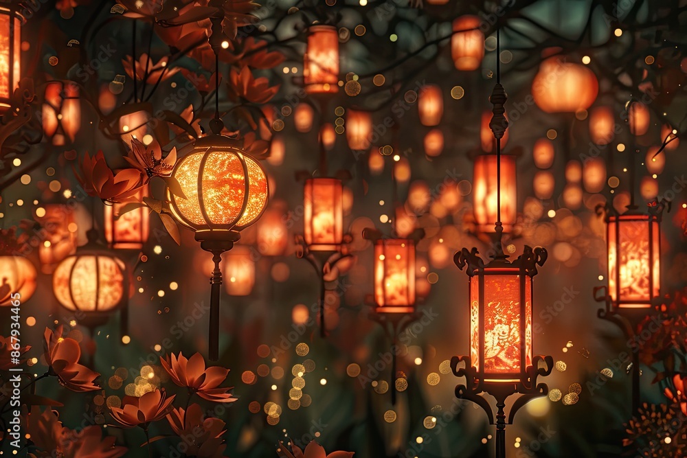 A bunch of orange lanterns hanging from a tree. The lanterns are lit up and create a warm, cozy atmosphere A bunch of orange lanterns hanging from a tree. The lanterns are lit up and create a warm, cozy atmosphere