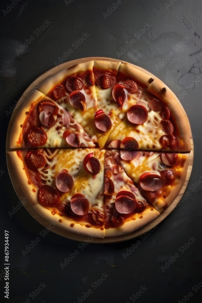 pizza with pepperoni, cheese and basil on a dark background pizza with pepperoni, cheese and basil on a dark background