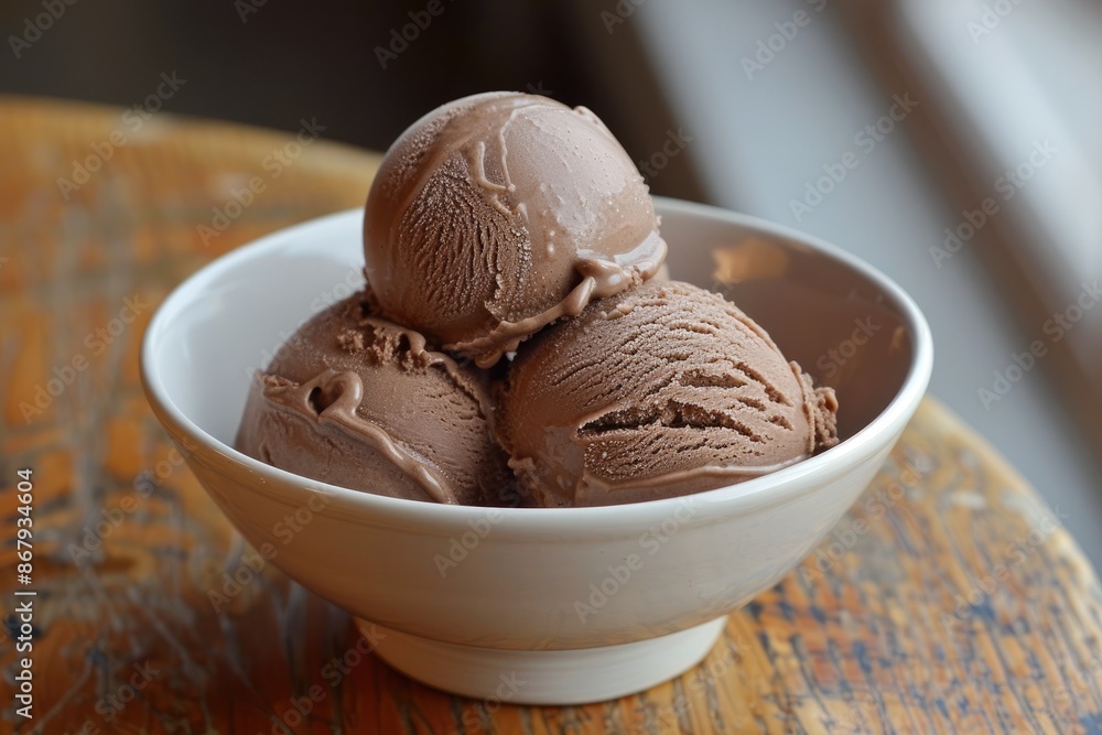 A bowl of ice cream with three scoops of chocolate ice cream. The bowl is white and placed on a wooden table A bowl of ice cream with three scoops of chocolate ice cream. The bowl is white and placed on a wooden table