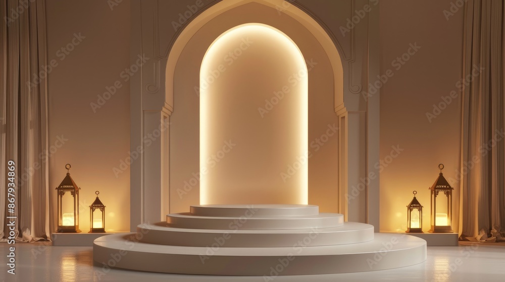 Fototapeta premium podium lighting enhances a islamic architectural setting with elegant lanterns, perfect for islamic displays