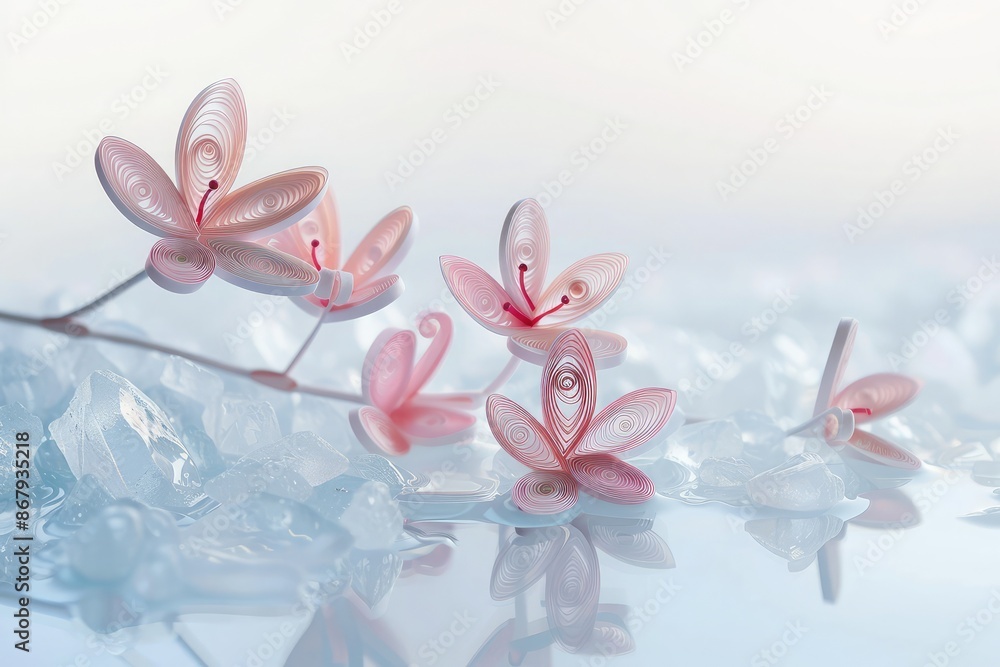Naklejka premium A sprig of cherry blossoms made from paper quilling, the soft pink petals contrasting beautifully against a crystal clear backdrop, embodying the essence of spring.
