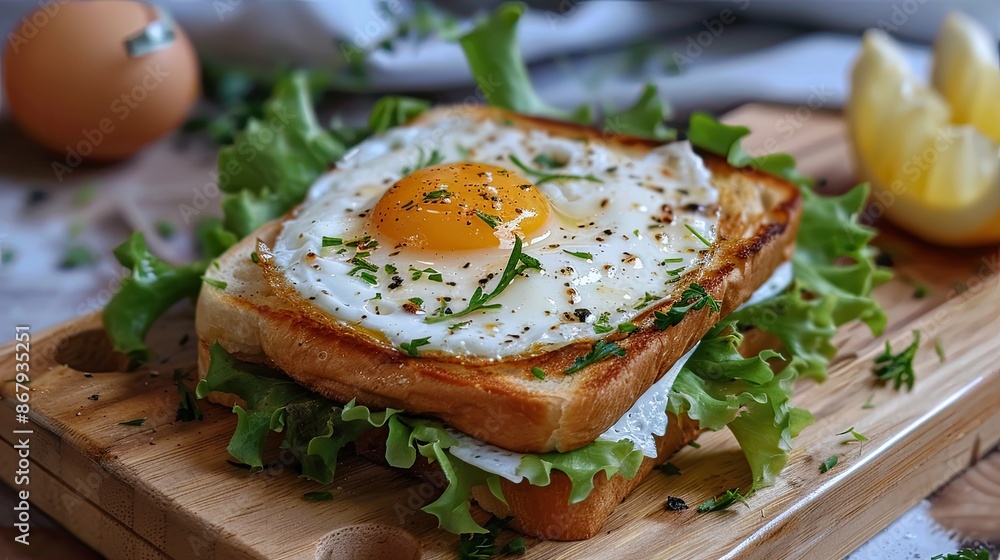 A sandwich with a fried egg and lettuce on a wooden board A sandwich with a fried egg and lettuce on a wooden board