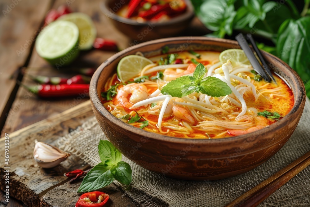 A bowl of soup with shrimp and lime on top. The bowl is on a wooden table with a cloth underneath it A bowl of soup with shrimp and lime on top. The bowl is on a wooden table with a cloth underneath it