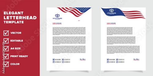 Modern corporate letterhead design template with the identity of the United States flag in a combination of red, blue and white.
