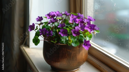 Uncommon Purple Oxalis in Wooden Pot by Window © 2rogan
