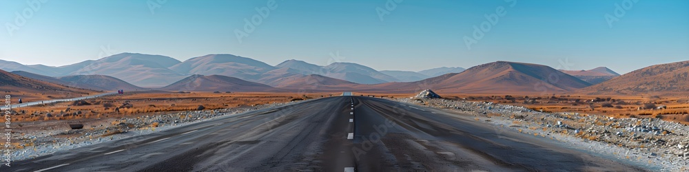 Mountain landscape and asphalt highway under a clear blue sky Mountain landscape and asphalt highway under a clear blue sky