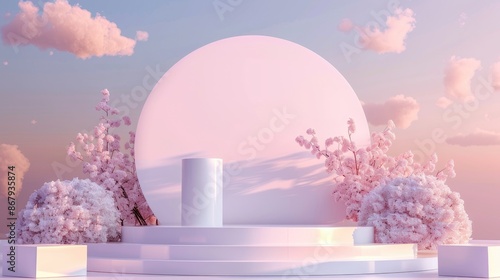 Soft pink backdrop with clouds and floral arrangement on a podium