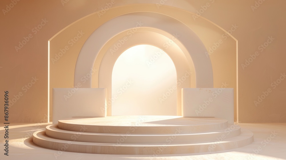 Arched white podium with soft shadows and minimalist plant decor Arched white podium with soft shadows and minimalist plant decor
