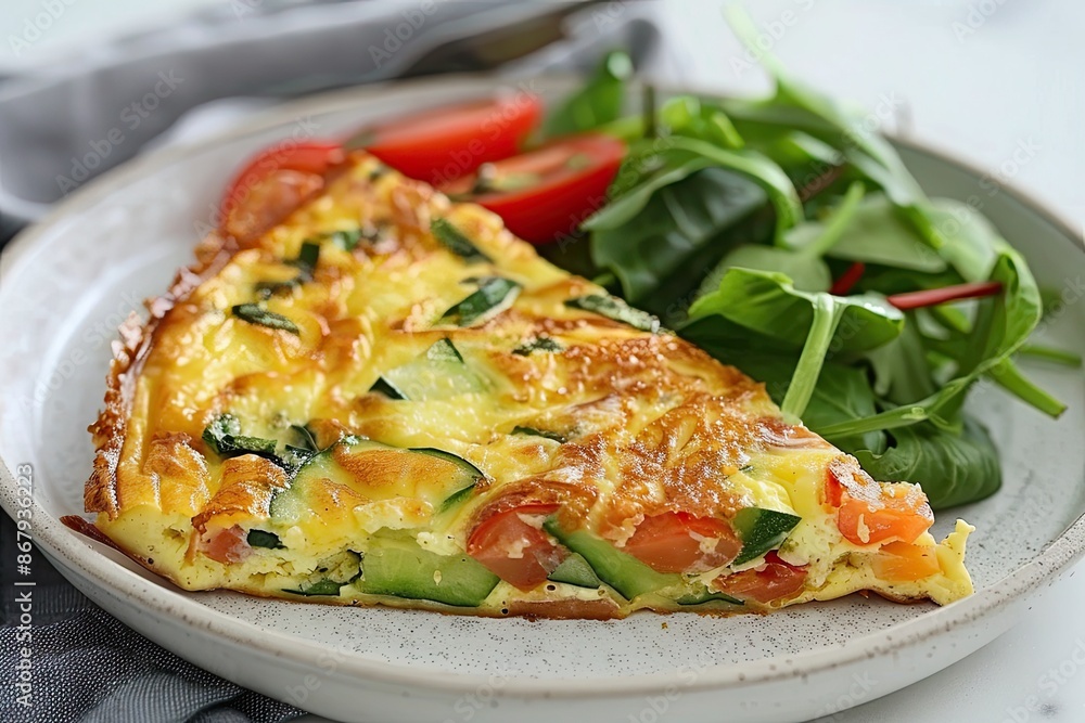 A slice of quiche with spinach and tomatoes on a white plate. The plate is set on a blue cloth A slice of quiche with spinach and tomatoes on a white plate. The plate is set on a blue cloth