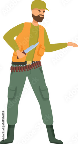 Hunter holding hunting knife wearing bullet belt standing illustration
