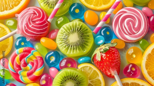 A close-up of colorful lollipops, fruit, and candy on a blue background. Generative AI