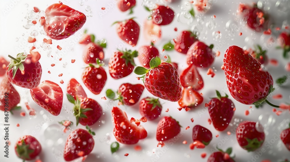 Dynamic Splash of Fresh Ripe Strawberries with Halves and Slices Floating in Mid-Air Against a White Background Dynamic Splash of Fresh Ripe Strawberries with Halves and Slices Floating in Mid-Air Against a White Background