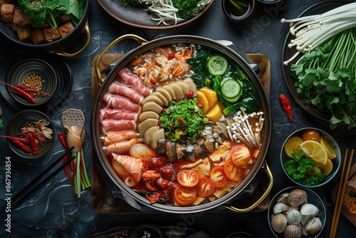 A large pot of food with many different ingredients, including tomatoes, carrots, and mushrooms. The dish is served on a table with various condiments and utensils, such as chopsticks and spoons