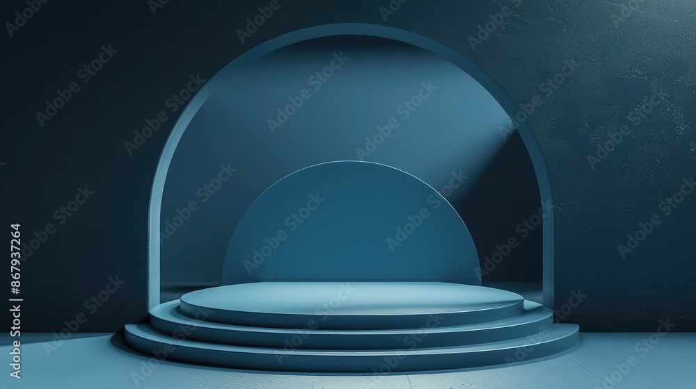 Minimalistic dark blue podium with arch and spotlight, ideal for product showcases, presentations, and modern designs Minimalistic dark blue podium with arch and spotlight, ideal for product showcases, presentations, and modern designs