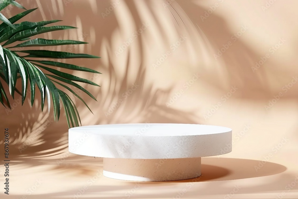 Beige background for product presentation with shadow of tropical palm leaves and light. Podium, stage pedestal platform for cosmetic product. Empty round podium. Mockup. Beige background for product presentation with shadow of tropical palm leaves and light. Podium, stage pedestal platform for cosmetic product. Empty round podium. Mockup.