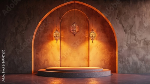 Empty Podium with Moroccan Style Arch, Lanterns, and Orange Light for Product Placement or Presentation islamic Background