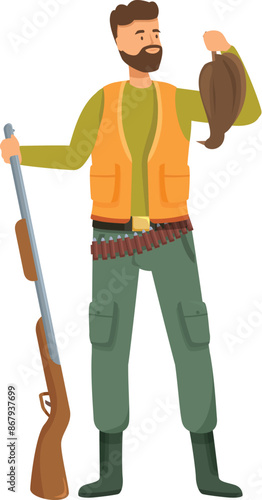 Hunter wearing orange vest holding rifle and showing wild duck trophy