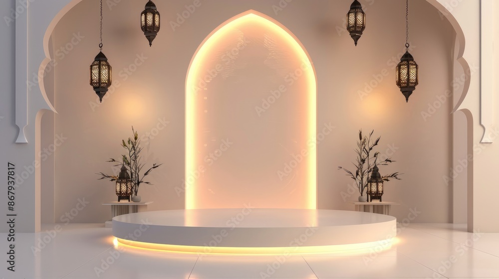 Islamic 3D Podium with Arch, Lanterns, and Copy Space for Ramadan or Eid Islamic 3D Podium with Arch, Lanterns, and Copy Space for Ramadan or Eid