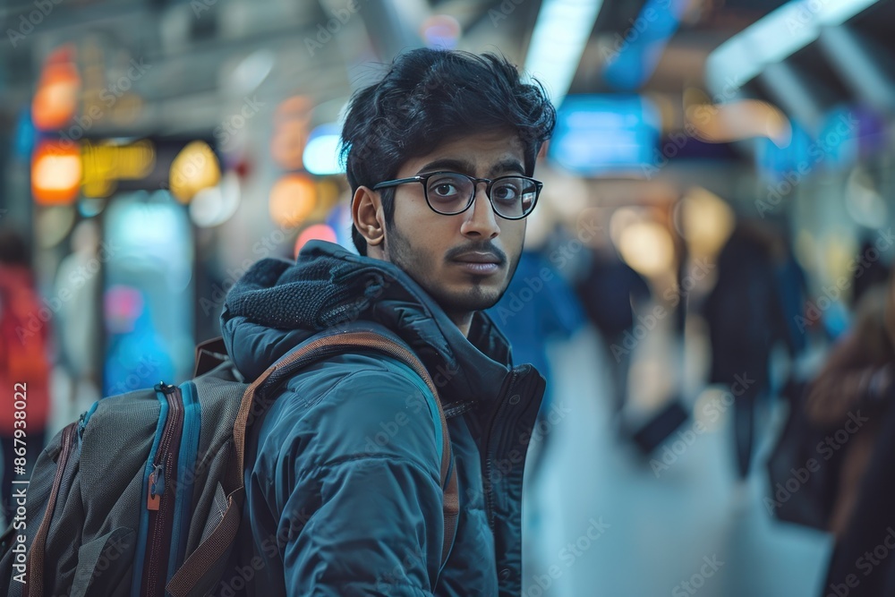 A man wearing glasses and a black jacket is standing in a busy area with a backpack on. He looks tired and is looking at the camera A man wearing glasses and a black jacket is standing in a busy area with a backpack on. He looks tired and is looking at the camera