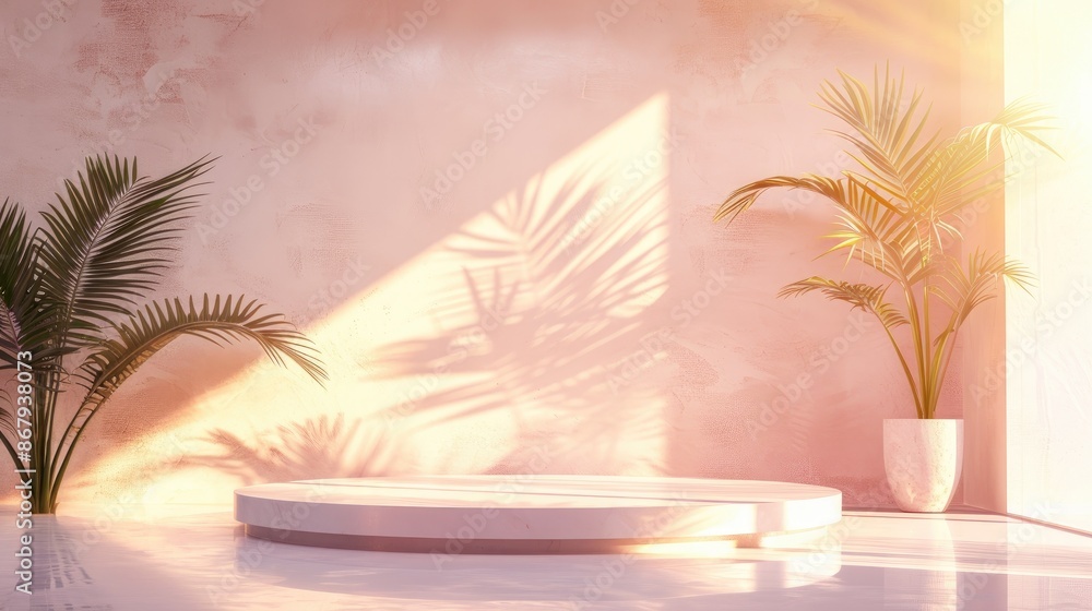 Fototapeta premium Minimalistic pink background with round podium, palm tree shadows, and sunlight for product display. Concept of beauty, cosmetics, wellness, and natural skincare.