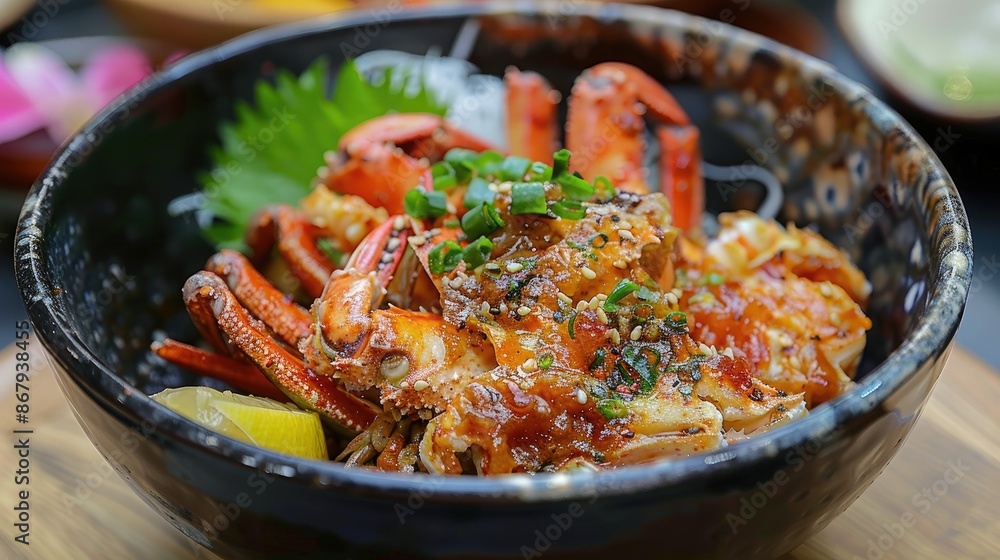 A bowl of food with a crab in it. The crab is surrounded by a green garnish A bowl of food with a crab in it. The crab is surrounded by a green garnish
