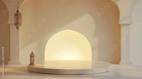 Islamic Background with Empty Podium for Product Placement, Featuring  Traditional Arches and Lantern. Concept of Ramadan, Eid, or Muslim Culture. photo