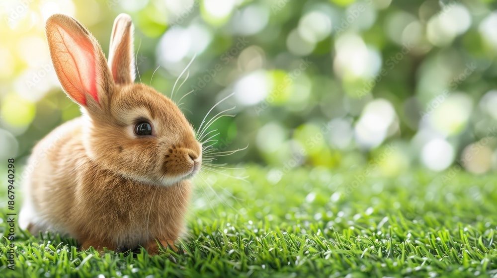 Fototapeta premium Easter bunny toy rabbit with ears on grass background
