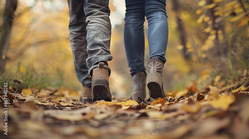 A couple walking together through a forest path covered with autumn leaves.