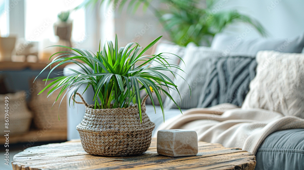 Fototapeta premium Photo of a Cozy Living Room Vignette Wooden Coffee Table with Houseplant and Wicker Basket Near Grey Sofa