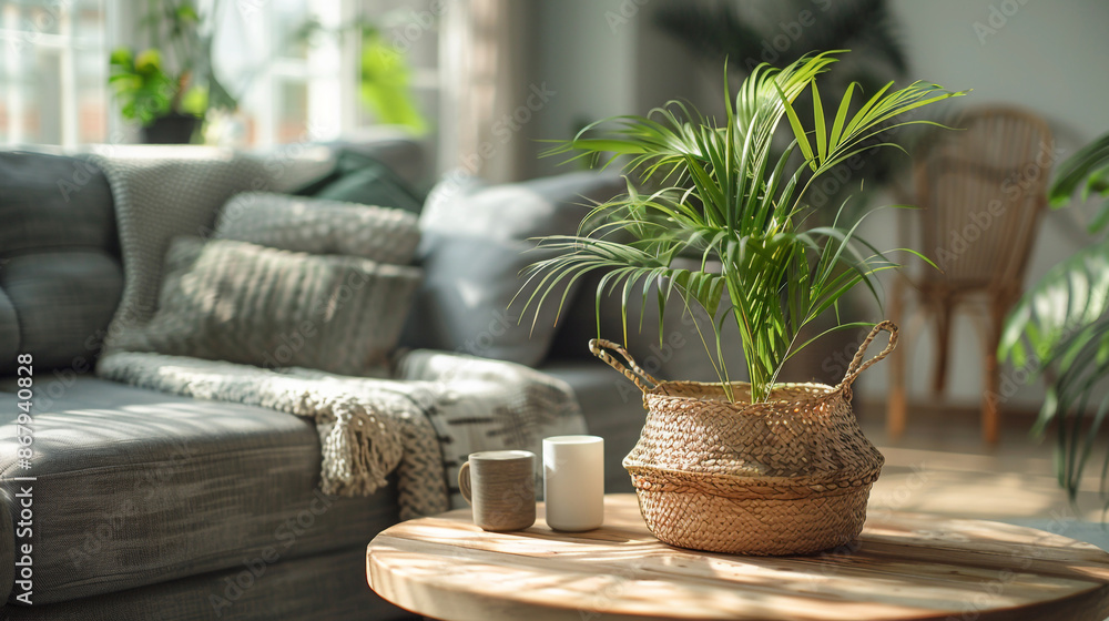 Fototapeta premium Photo of a Cozy Living Room Vignette Wooden Coffee Table with Houseplant and Wicker Basket Near Grey Sofa