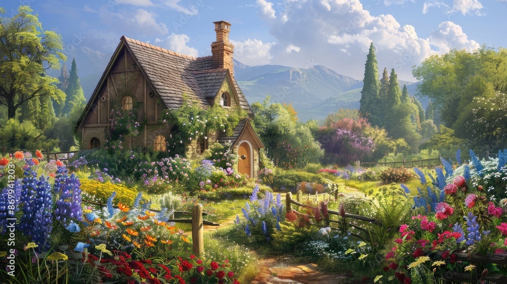 Obraz premium A house with a garden in front of it. The garden is full of flowers and bushes. The house is a cottage with a porch. The sky is blue and the sun is shining