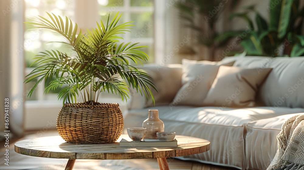 Fototapeta premium Photo of a Cozy Living Room Vignette Wooden Coffee Table with Houseplant and Wicker Basket Near Grey Sofa